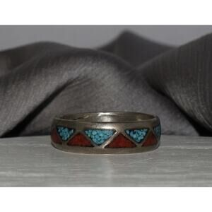 Navajo Sterling Silver Turquoise & Coral Ring 4.6G / Sz 10.5 / 6.5mm